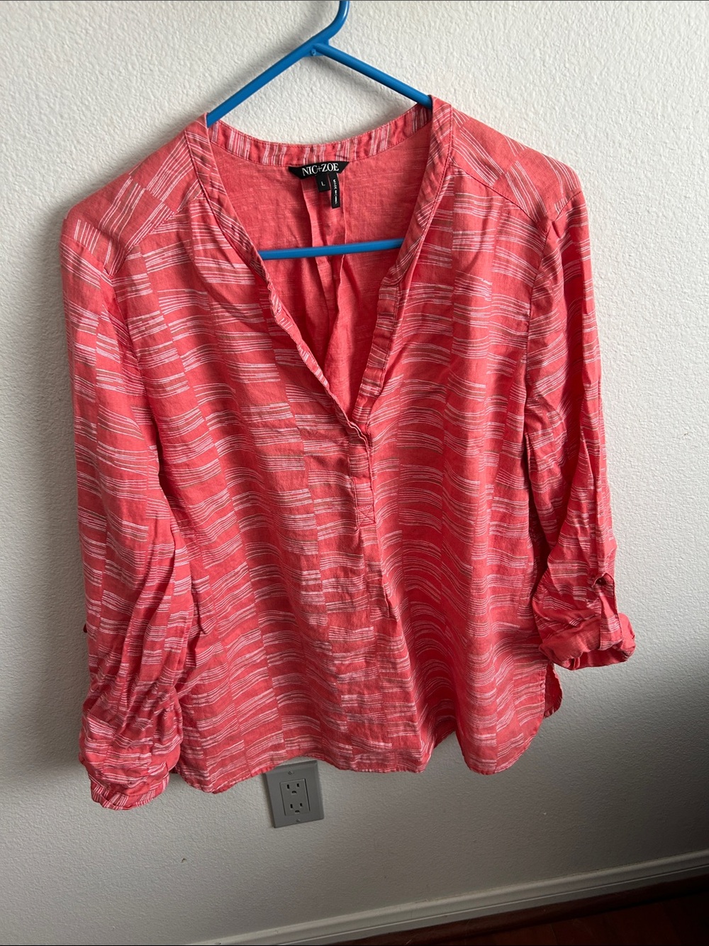 NIC+ZOE Coral-Pink 100% Linen V-Neck Roll-Sleeve Blouse